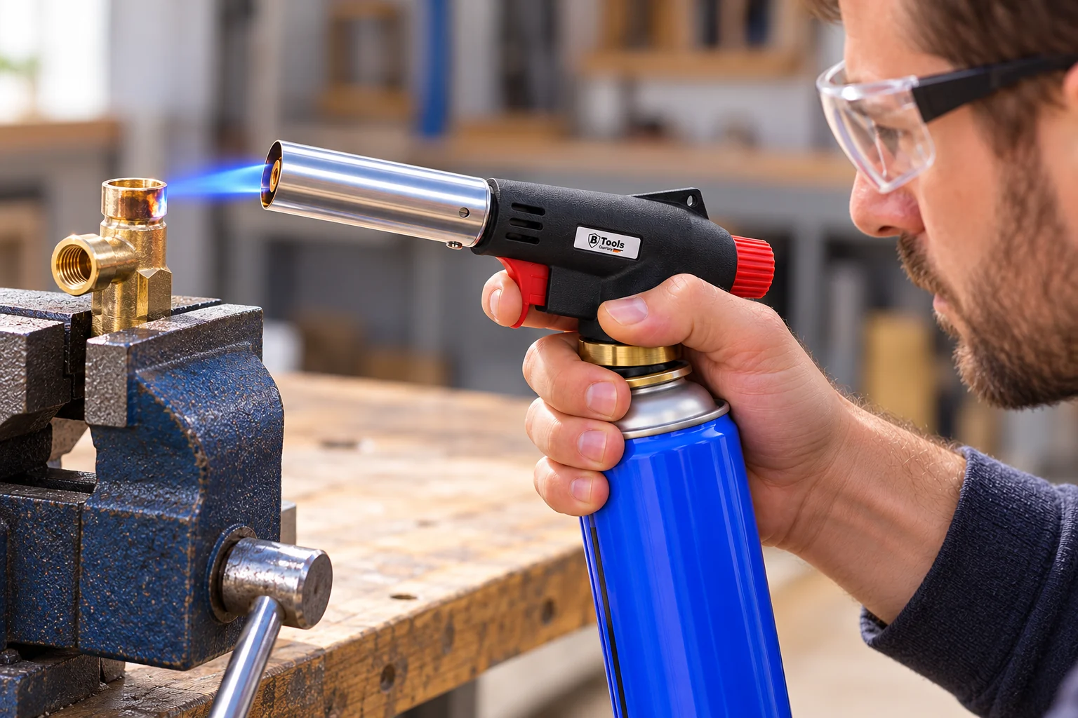 Btools gasbrander verwarmt een messing fitting met een kleine blauwe vlam