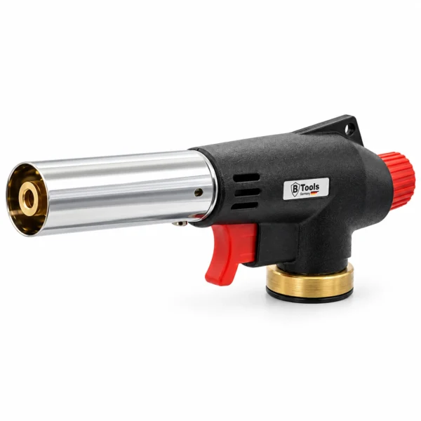 Btools Soldeerbrander Opzetstuk met rechte branderbuis, rode bediening en messing schroefaansluiting op witte achtergrond