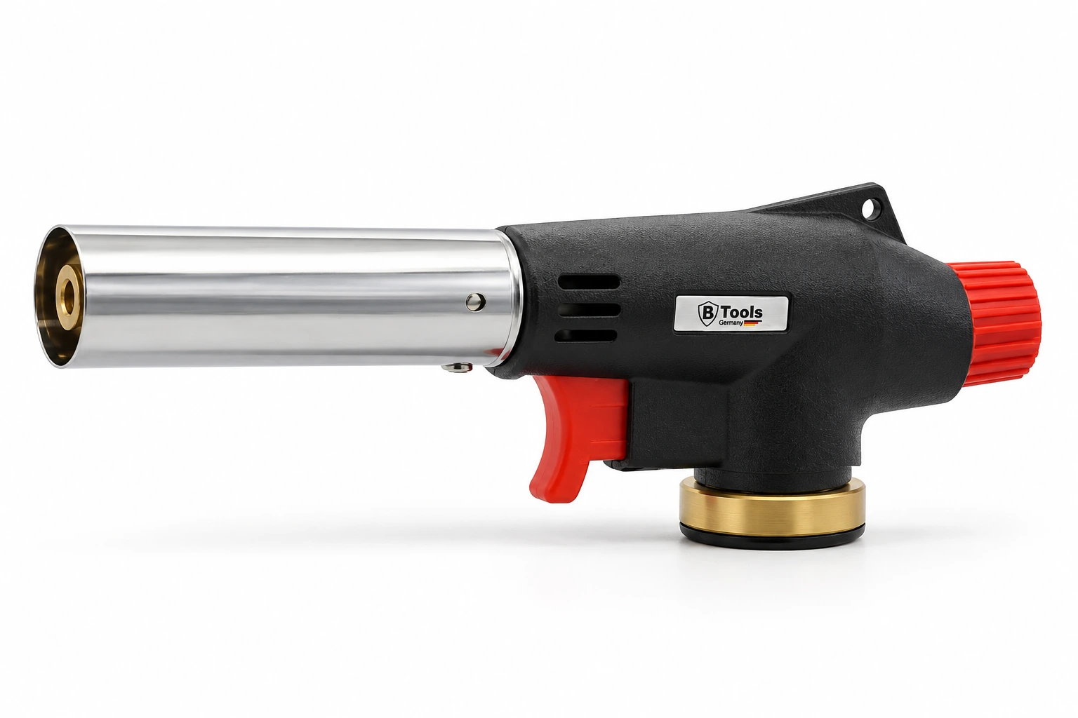 Zijaanzicht van het Btools gasbranderopzetstuk met zilverkleurige branderbuis, rode hendel en messing aansluiting