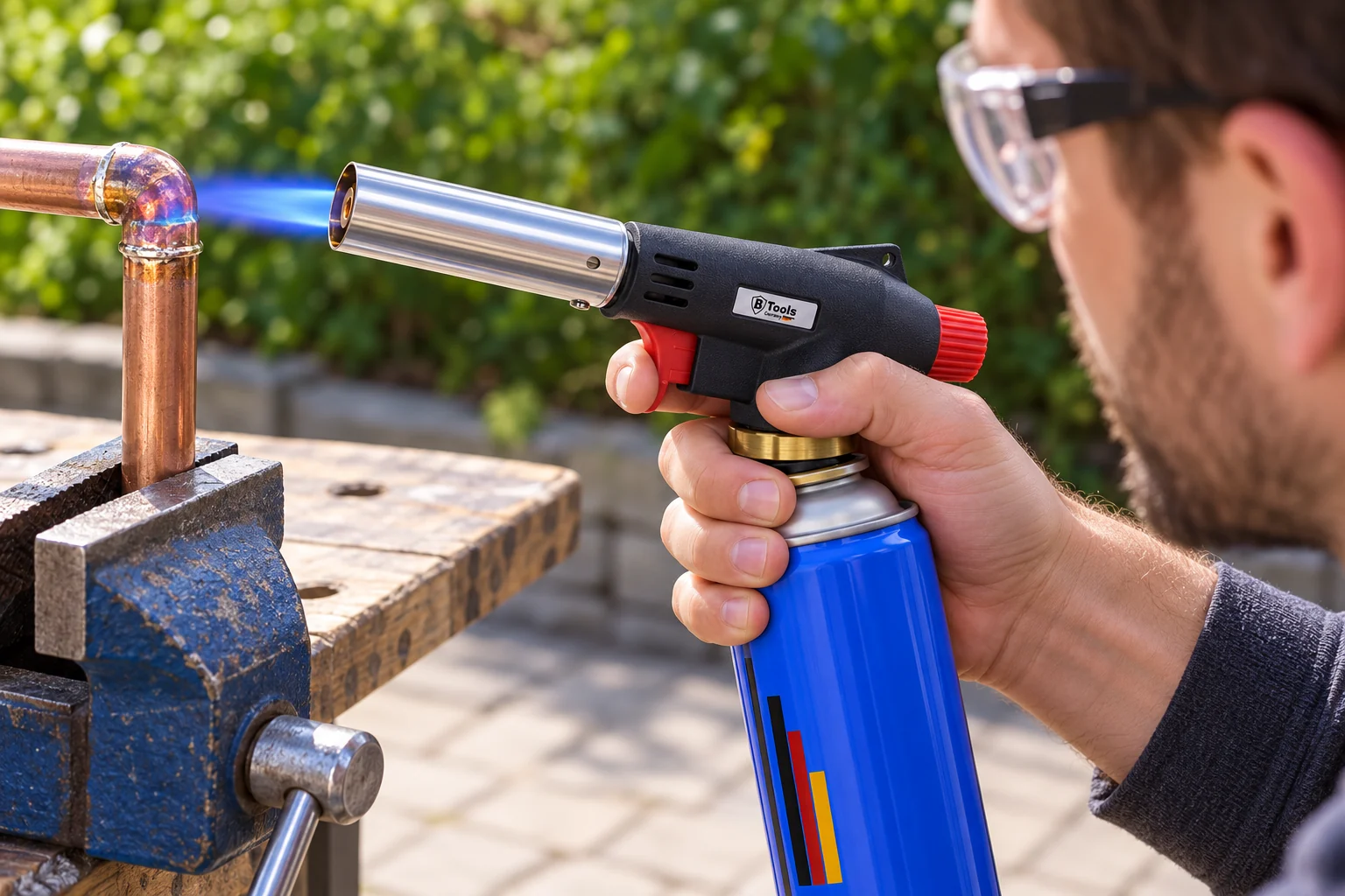 Volwassene gebruikt een Btools soldeerbranderopzetstuk om een koperen buis te solderen