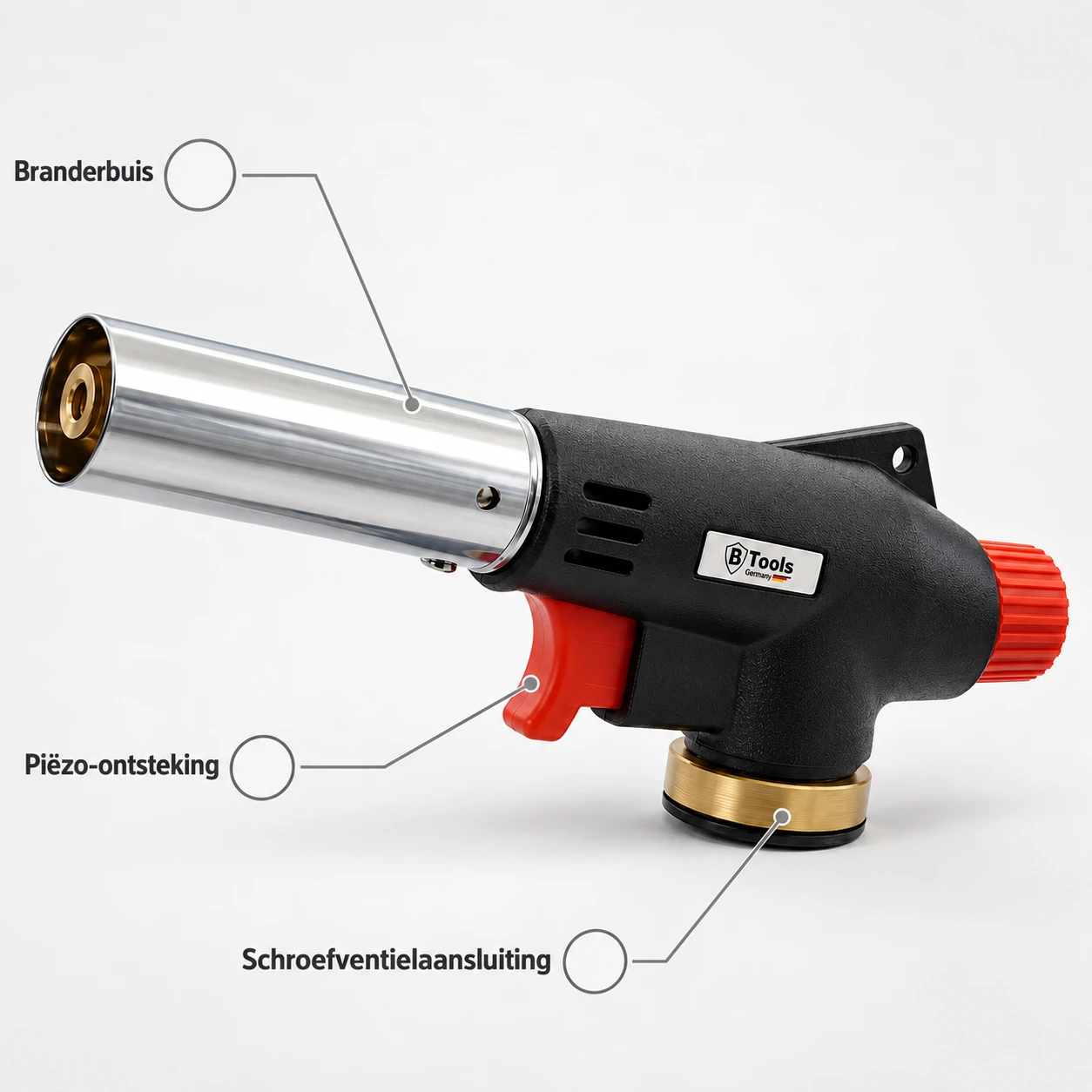 Onderdelen van het Btools Soldeerbrander Opzetstuk: branderbuis, piëzo-ontsteking en schroefventielaansluiting