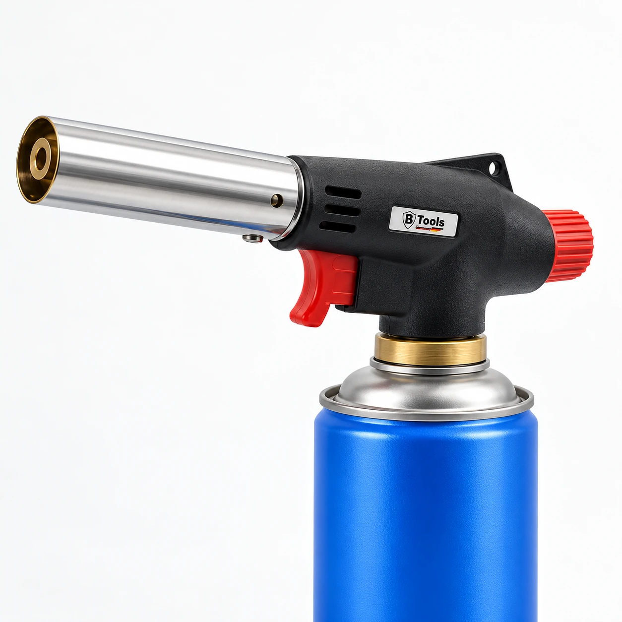Btools soldeerbranderopzetstuk gemonteerd op een blauw gaspatroon met schroefventiel