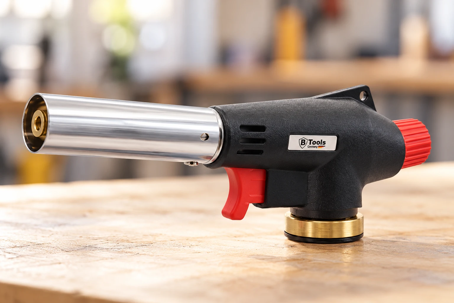Los Btools soldeerbranderopzetstuk volledig zichtbaar op een werkbank in een werkplaats
