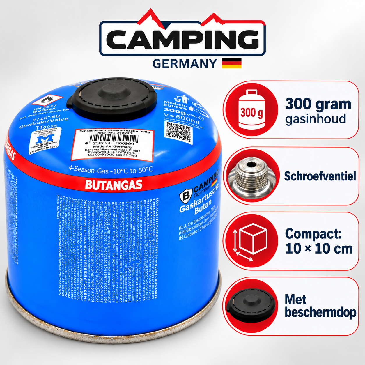 Camping Germany butaangaspatroon 300g met overzicht van schroefventiel, beschermdop, gasinhoud en compact formaat.