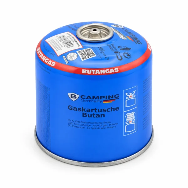 Camping Germany butaangaspatroon van 500 g met 7/16-inch schroefventiel op witte achtergrond