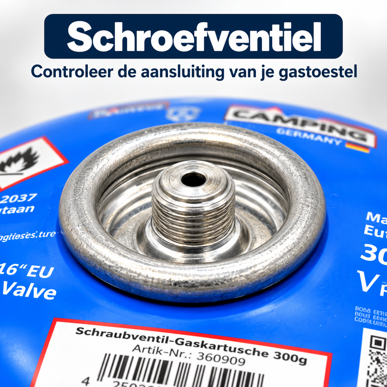 Detailfoto van het metalen schroefventiel op het Camping Germany butaangaspatroon van 300 gram.