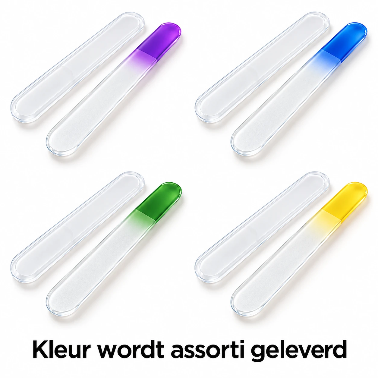 Assortiment Elina glazen nagelvijlen met gekleurde handvatten en beschermhoes