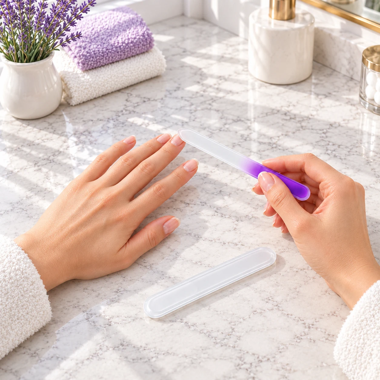 Gebruik van de Elina glazen nagelvijl voor nagelverzorging