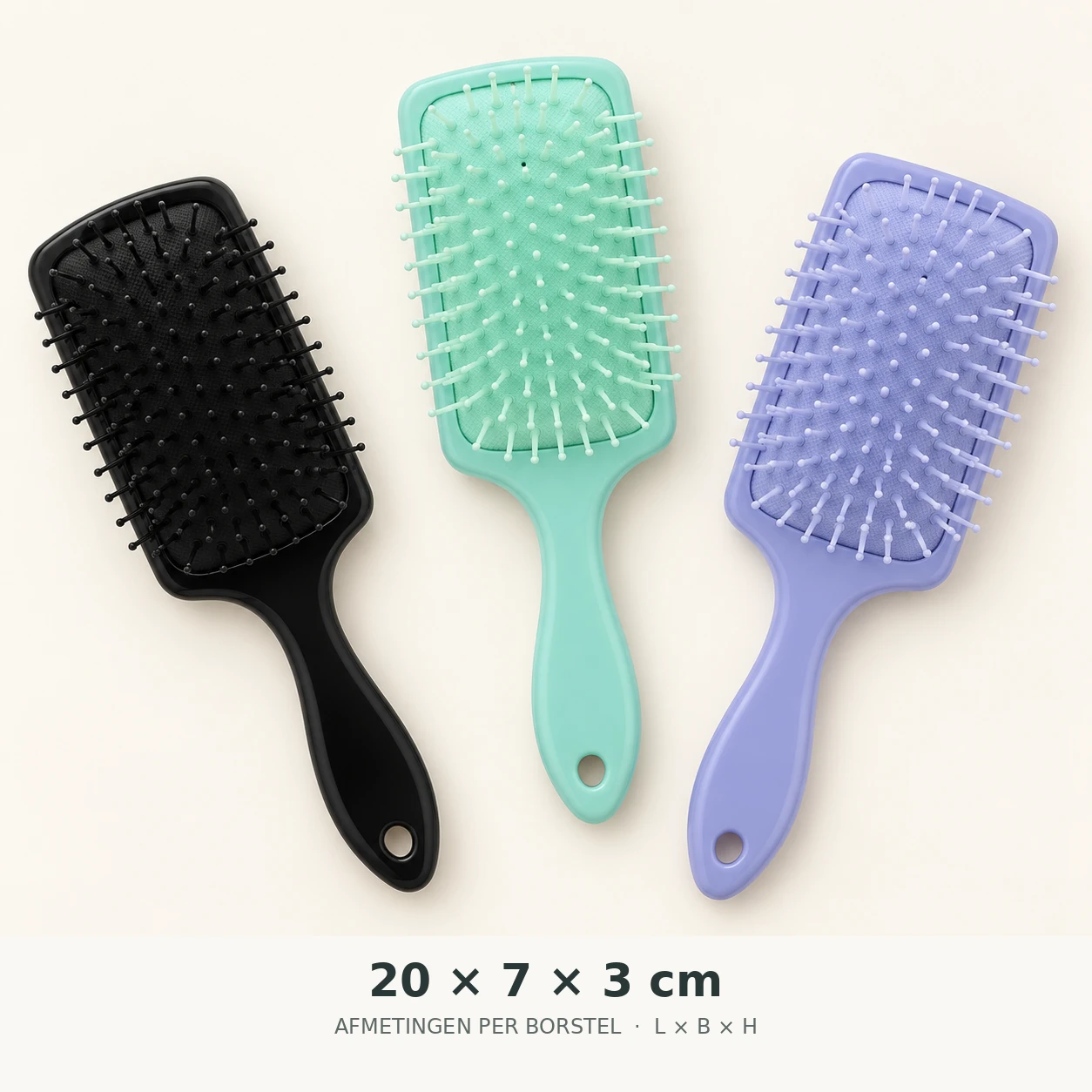 Afmetingen van de Elina Hair haarborstel: 20 × 7 × 3 cm per borstel