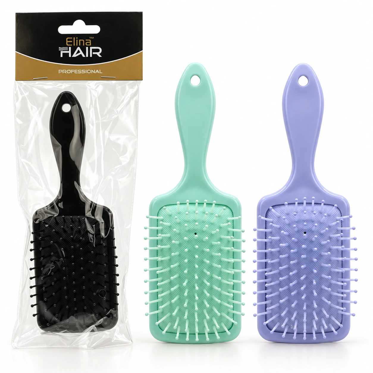 Elina Hair haarborstelset met zwarte borstel in verpakking en mintgroene en lila borstels ernaast