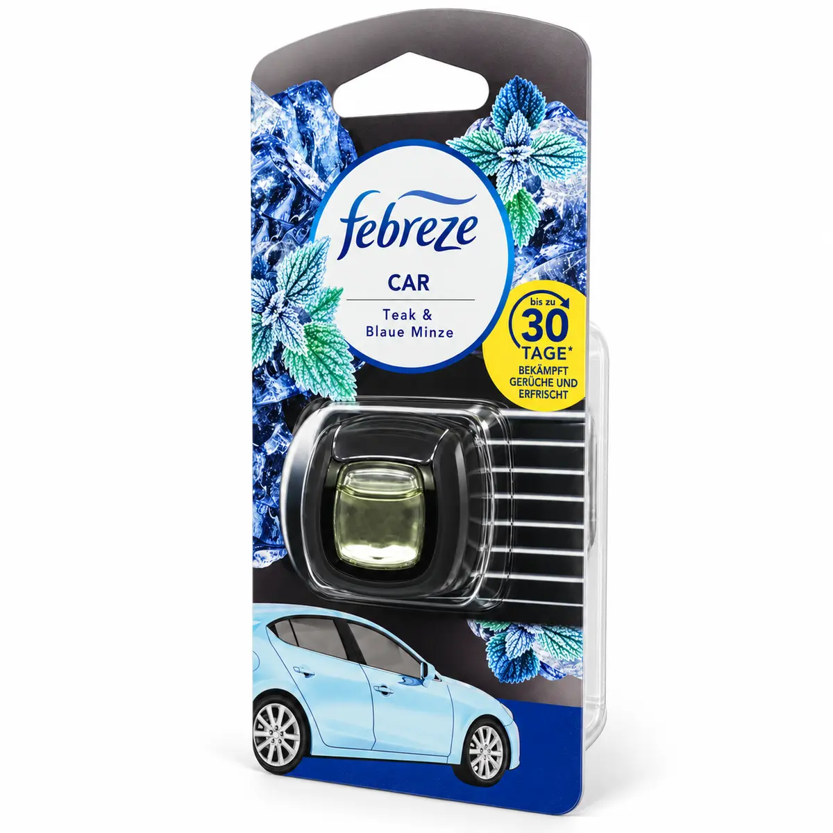Febreze Auto Luchtverfrisser Teak & Munt verpakking in 3/4-aanzicht