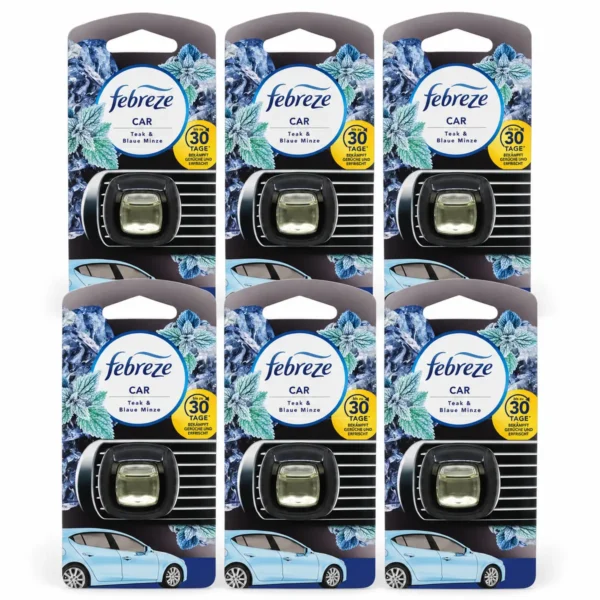 Febreze Luchtverfrisser Auto Teak & Munt voordeelverpakking met 6 stuks op witte achtergrond.