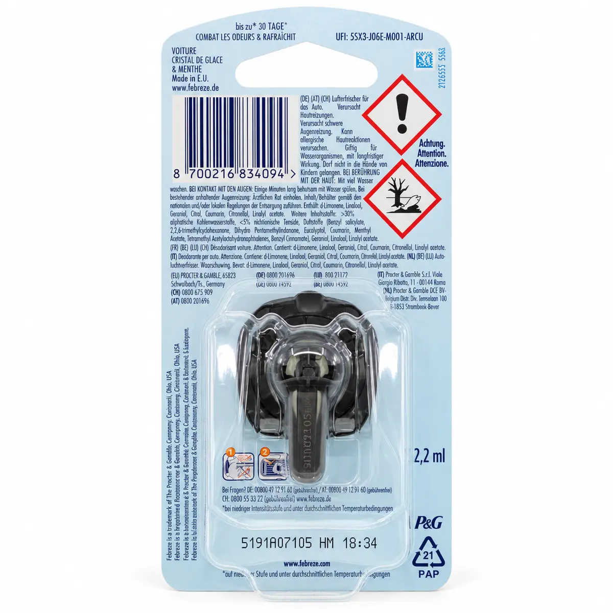 Achterkant van Febreze Auto Luchtverfrisser Teak & Munt verpakking met productinformatie