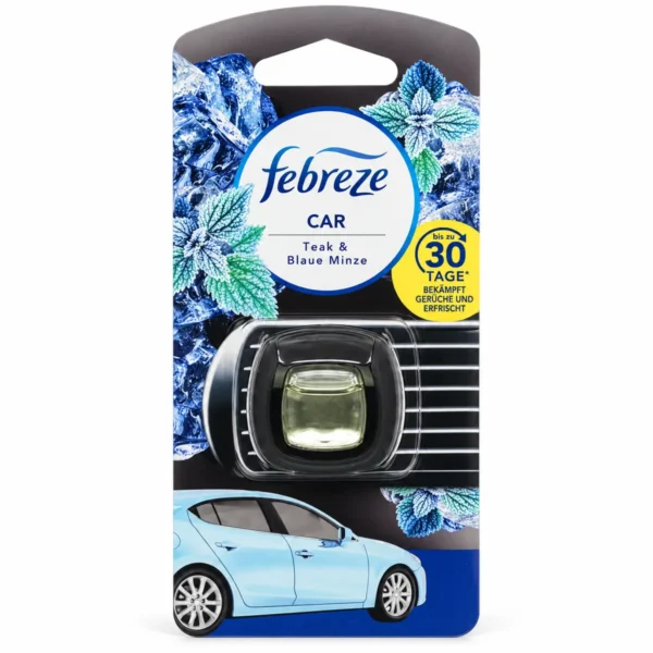 Febreze Auto Luchtverfrisser Teak & Munt 2 ml in originele verpakking op witte achtergrond