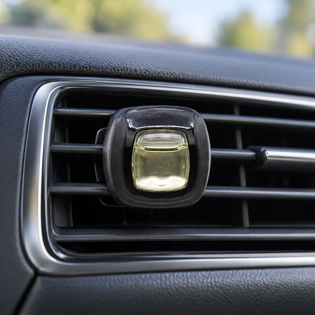 Febreze Auto Luchtverfrisser Teak & Munt bevestigd aan ventilatierooster in auto