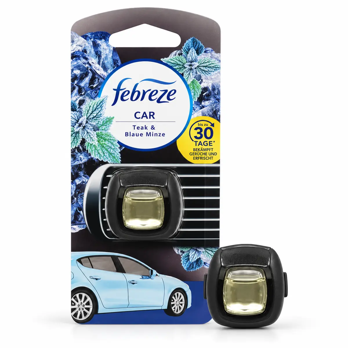 Febreze Auto Luchtverfrisser Teak & Munt verpakking met losse ventilatieclip