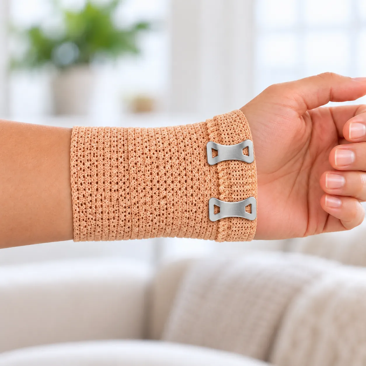 Beige elastische bandage om de pols, vastgezet met twee clips