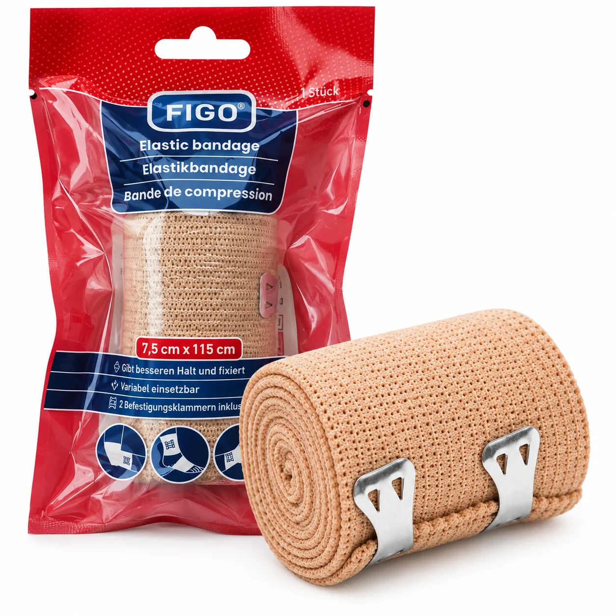 FIGO Elastische Bandage naast de verpakking, 1 bandage van 7,5 × 115 cm