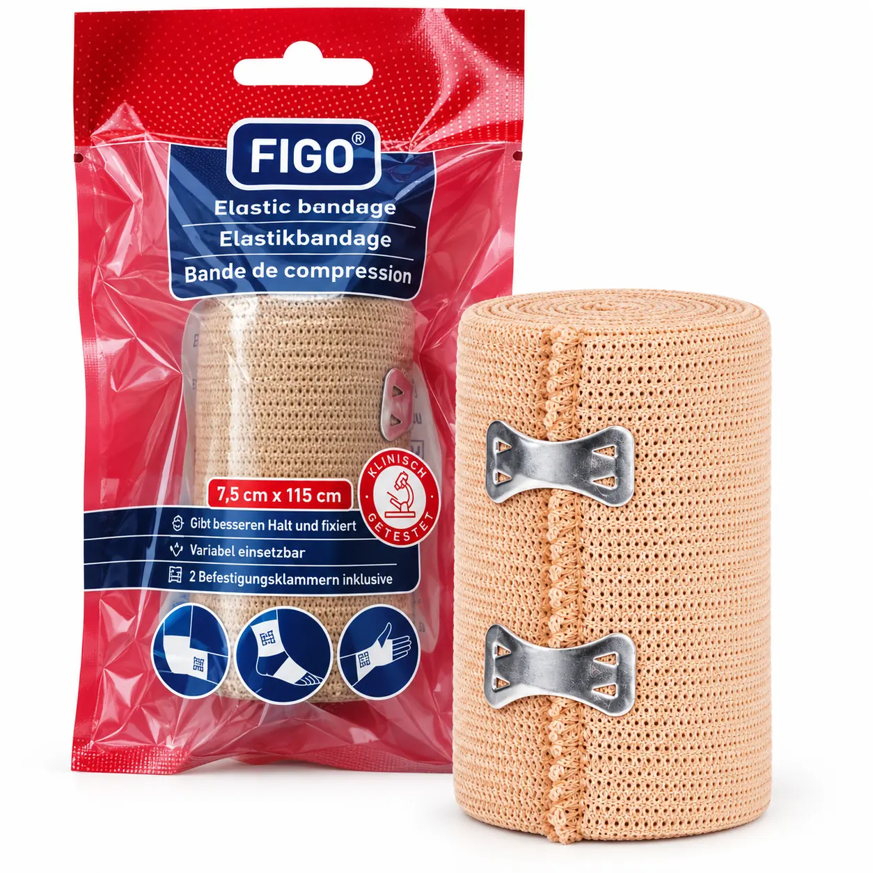 FIGO-verpakking met opgerolde beige bandage en twee bevestigingsklemmen