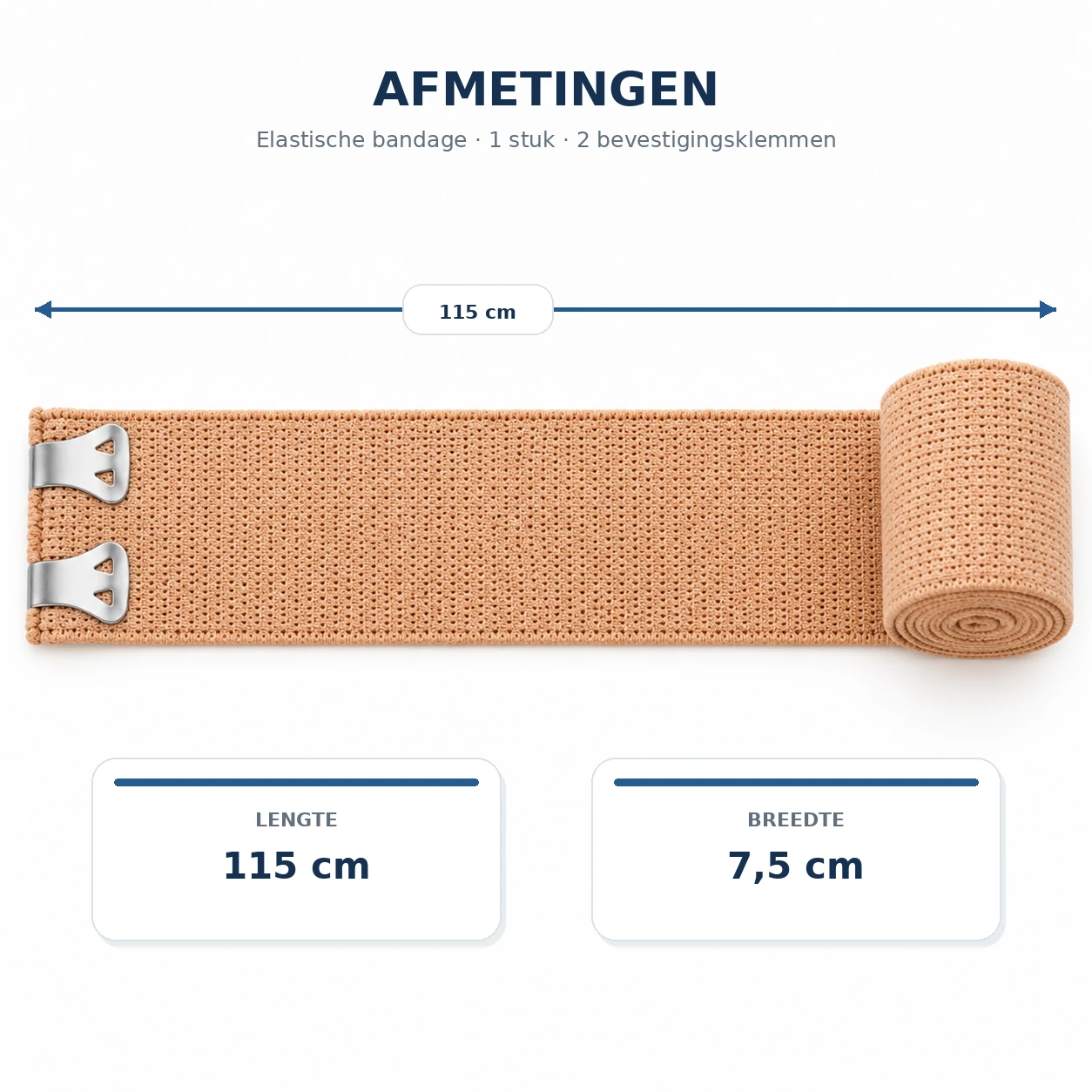 Afbeelding met de afmetingen van de FIGO bandage: 115 cm lang en 7,5 cm breed