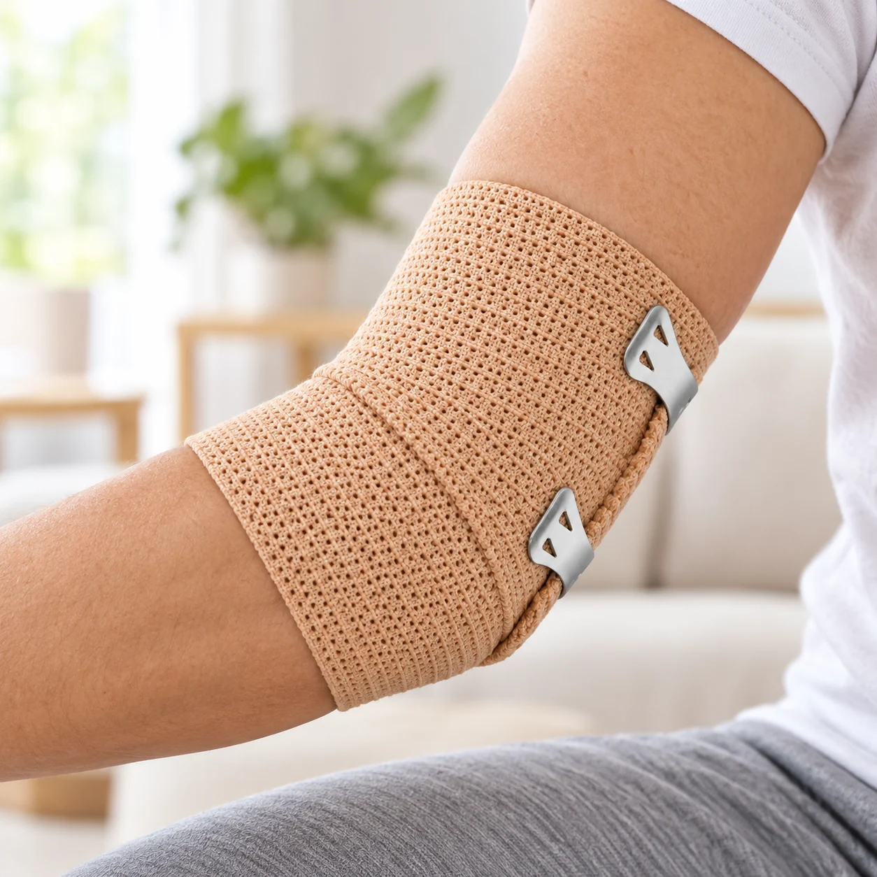 Beige FIGO bandage om de elleboog met bevestigingsklemmen