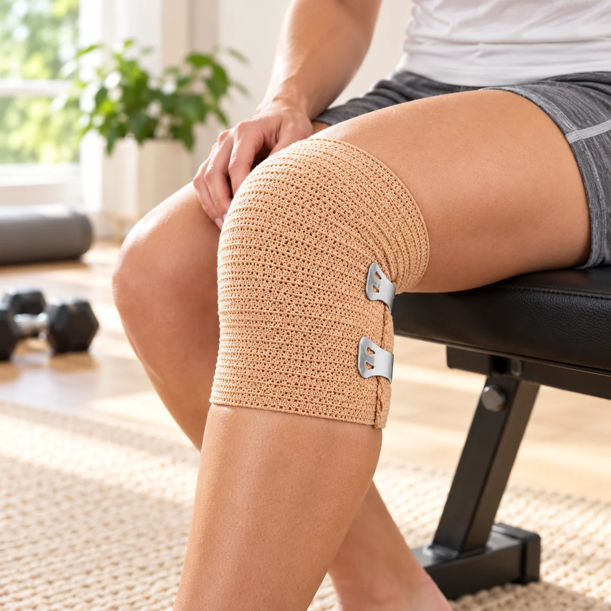 Elastische beige bandage om de knie, vastgezet met twee clips
