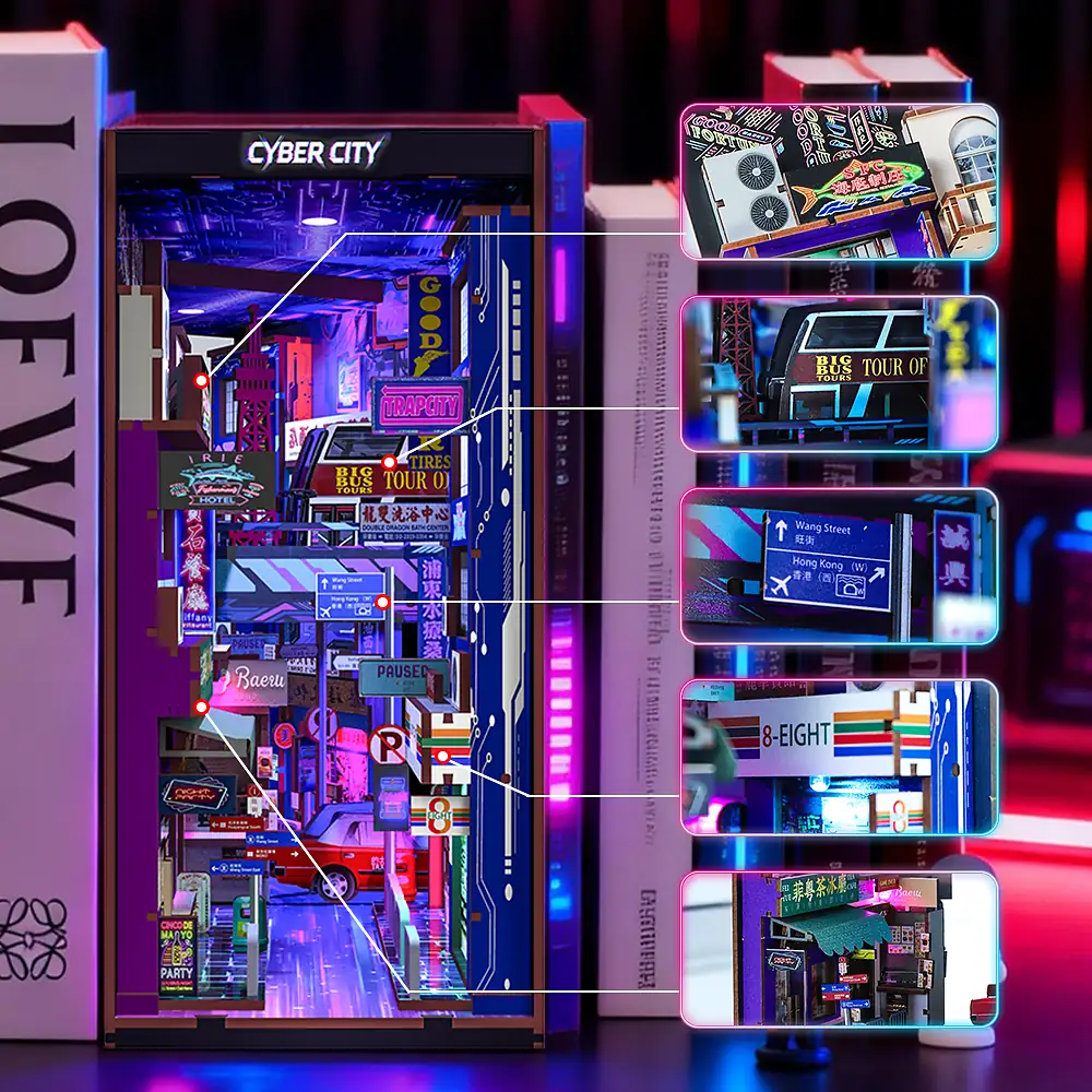 Gedetailleerde miniatuurstraat van THAR Book Nook Cyber City