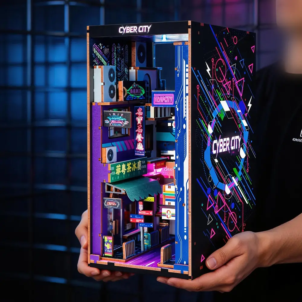 Afgewerkte THAR Cyber City miniatuurstad voor boekenkast