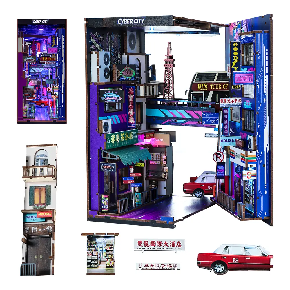 Inhoud van THAR Book Nook Cyber City bouwpakket