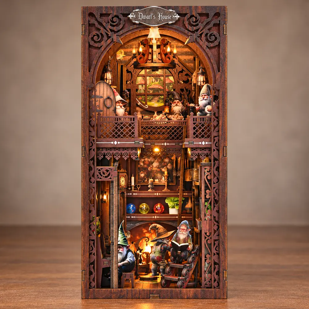 Gedetailleerd interieur van THAR Book Nook Dwarf’s House met balkon en open haard