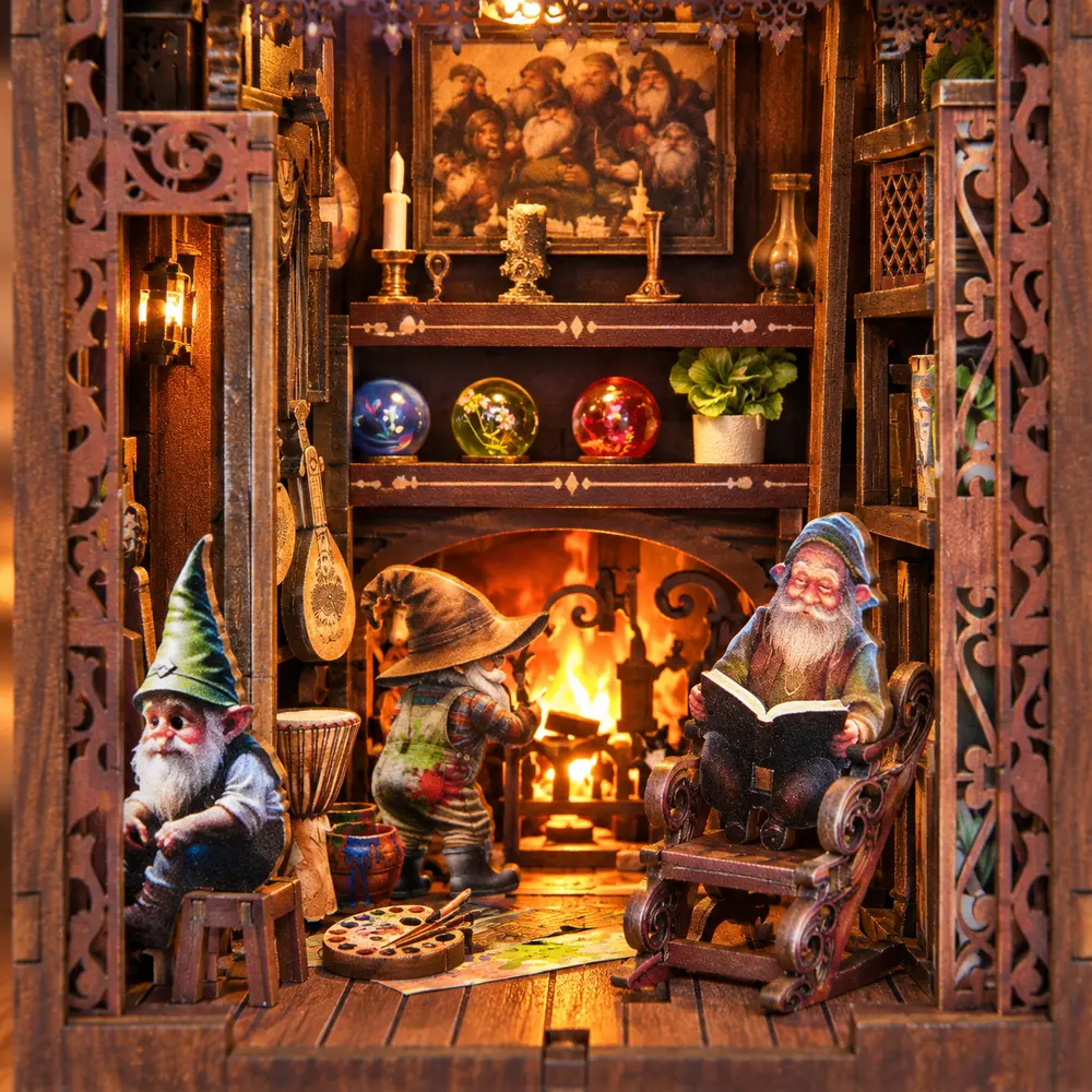 Onderverdieping van THAR Book Nook Dwarf’s House met open haard en miniatuurfiguren