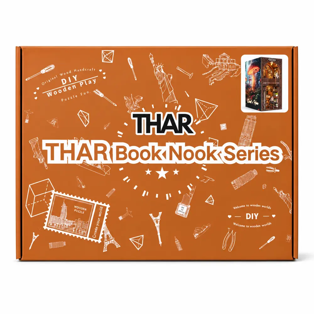 THAR Book Nook Dwarf’s House verpakking met productvoorbeeld van het DIY miniatuurhuis
