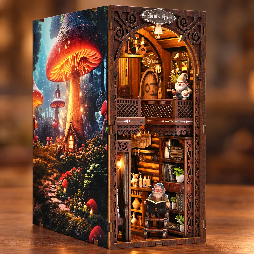 Zijaanzicht van THAR Book Nook Dwarf’s House met paddenstoelenhuis-thema