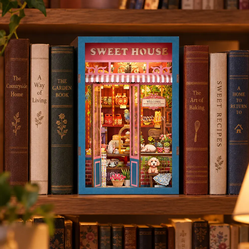 THAR Book Nook Sweet House in driekwartaanzicht met openslaande deuren en blauw zijpaneel