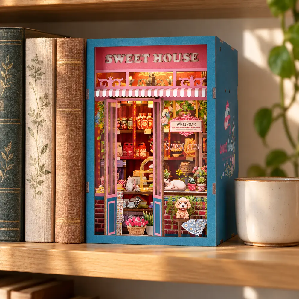 THAR Book Nook Sweet House als sfeervolle decoratie tussen boeken in een boekenkast
