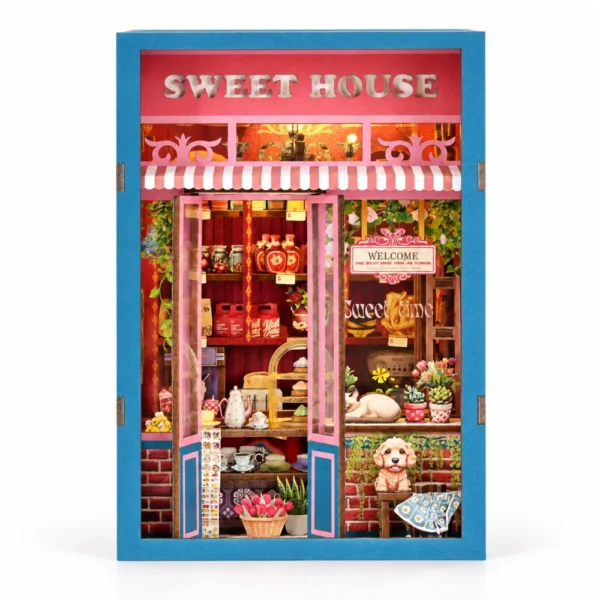 THAR Book Nook Sweet House DIY miniatuurpatisserie met roze gevel en blauwe omlijsting