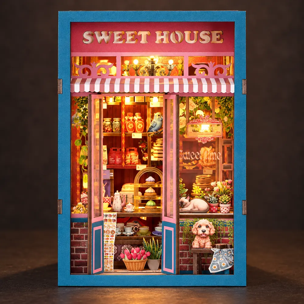 Interieur van THAR Book Nook Sweet House met taartjes, servies, kat, hondje en parkiet