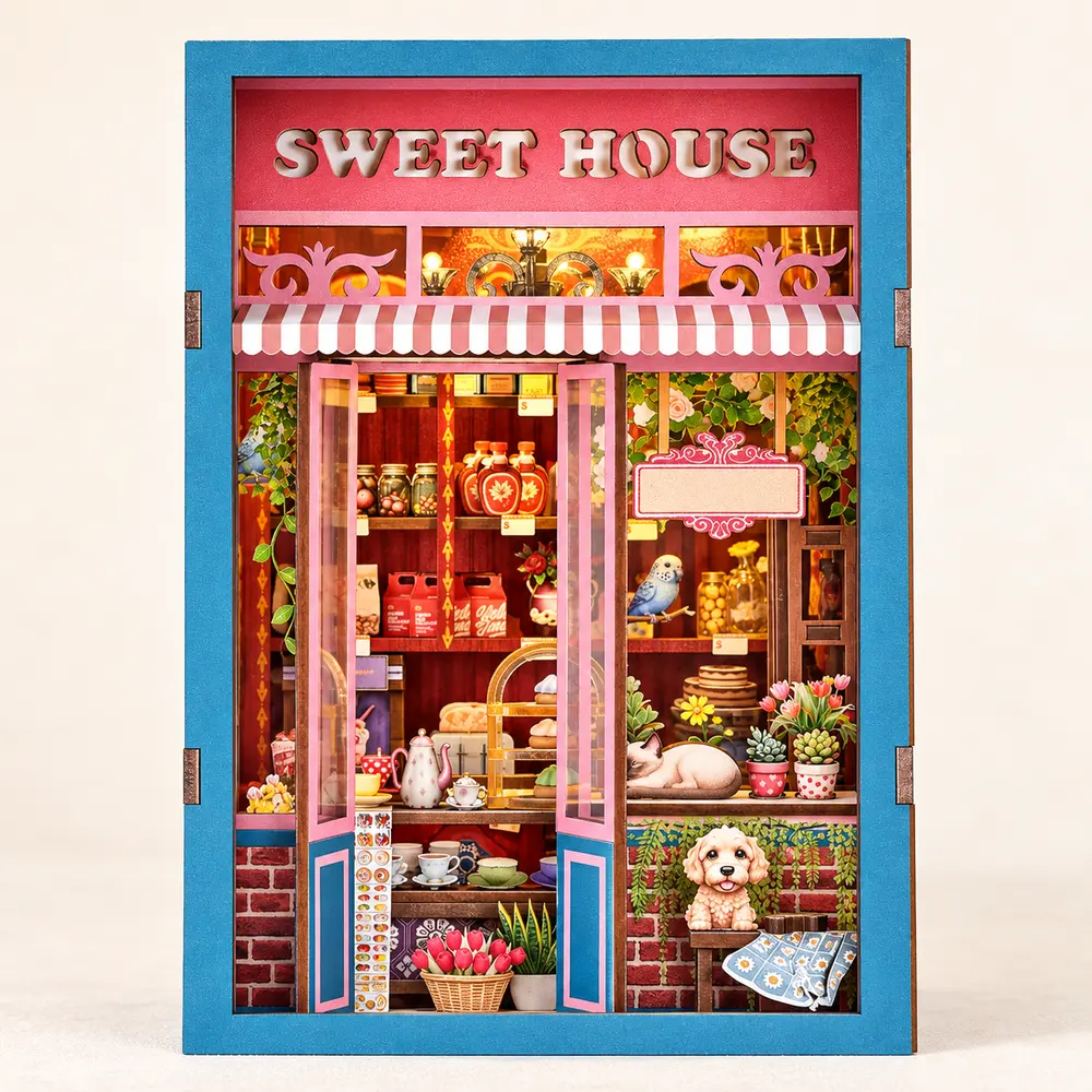 Zijkant van THAR Book Nook Sweet House met verlicht interieur en aanraakschakelaar