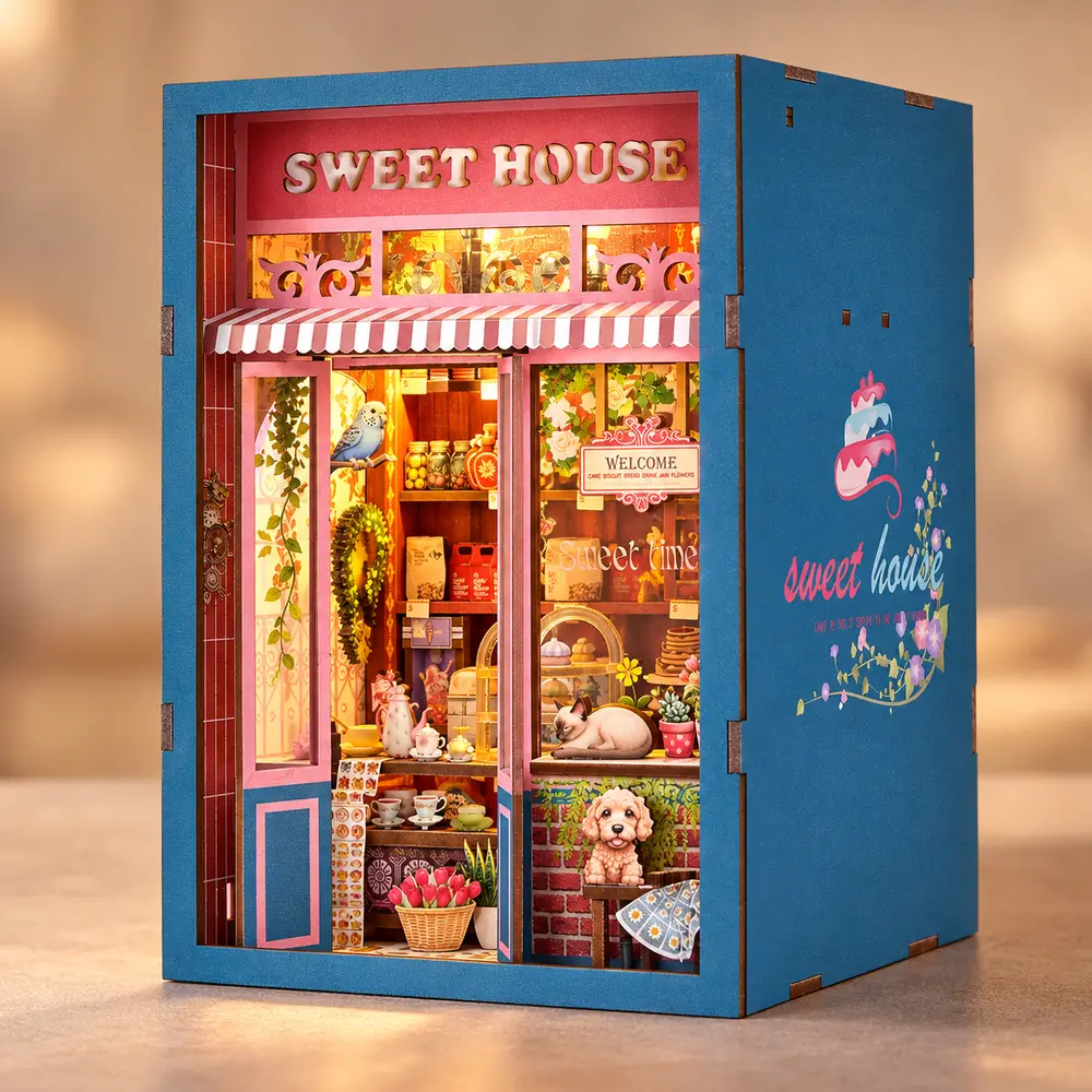 THAR Book Nook Sweet House op boekenplank naast boeken en mok voor schaalweergave
