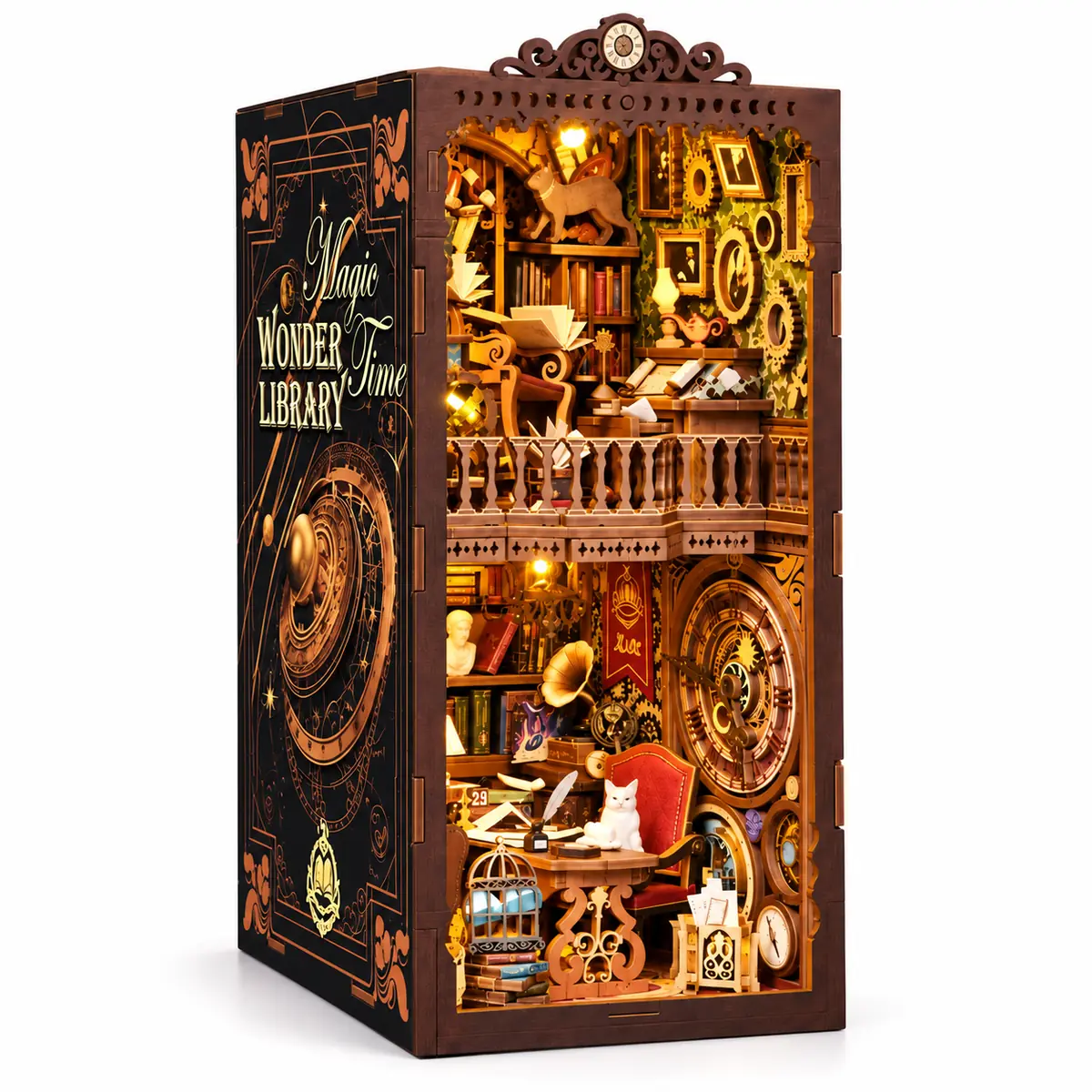 THAR Wonder Library Book Nook in driekwart aanzicht met open boekcover en verlichte bibliotheek