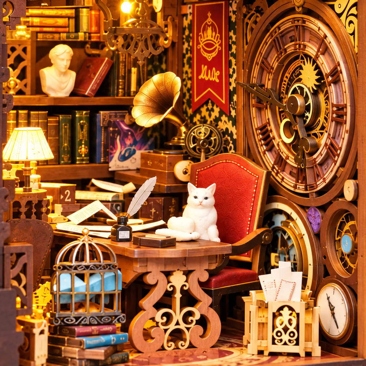 Detail van witte kat, rode fauteuil en mechanische klok in THAR Wonder Library Book Nook