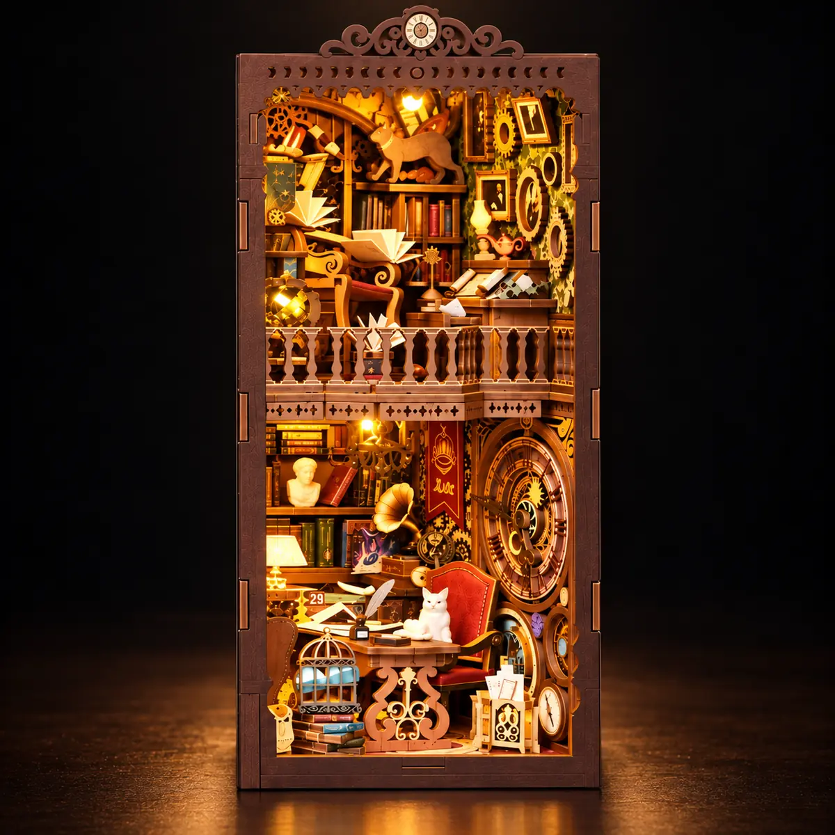 THAR Wonder Library Book Nook met warme LED-verlichting in avondsetting