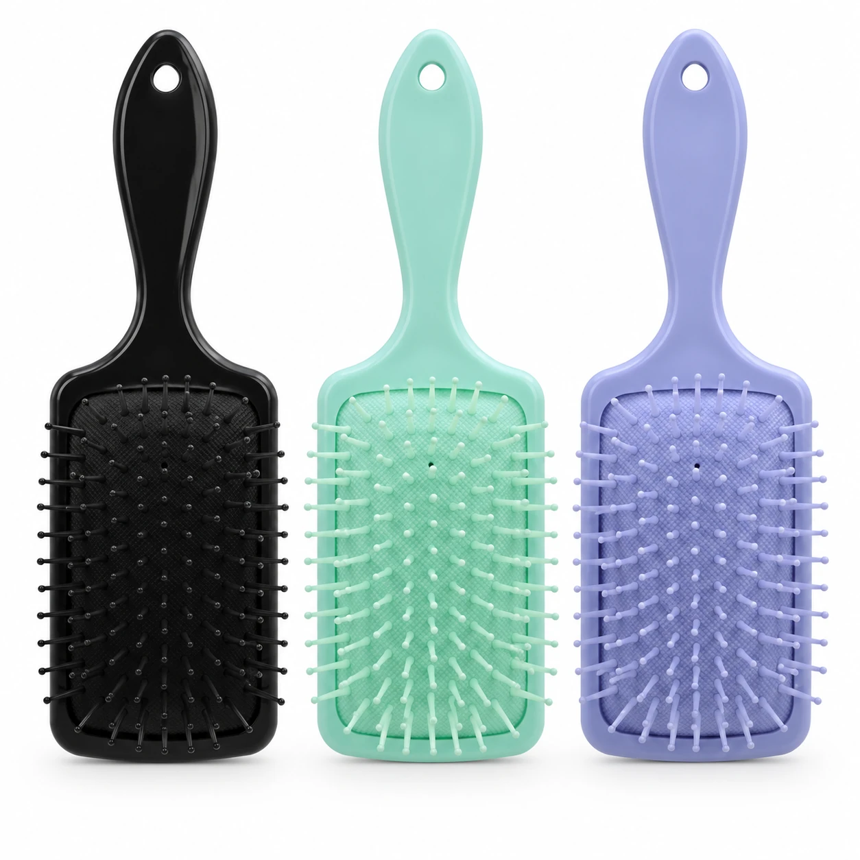 Elina Hair haarborstelset van 3 in zwart, mintgroen en lila op een witte achtergrond