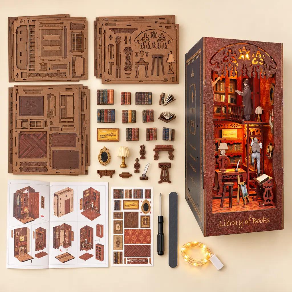 Onderdelen van THAR Solace Academy miniatuur bibliotheek bouwpakket