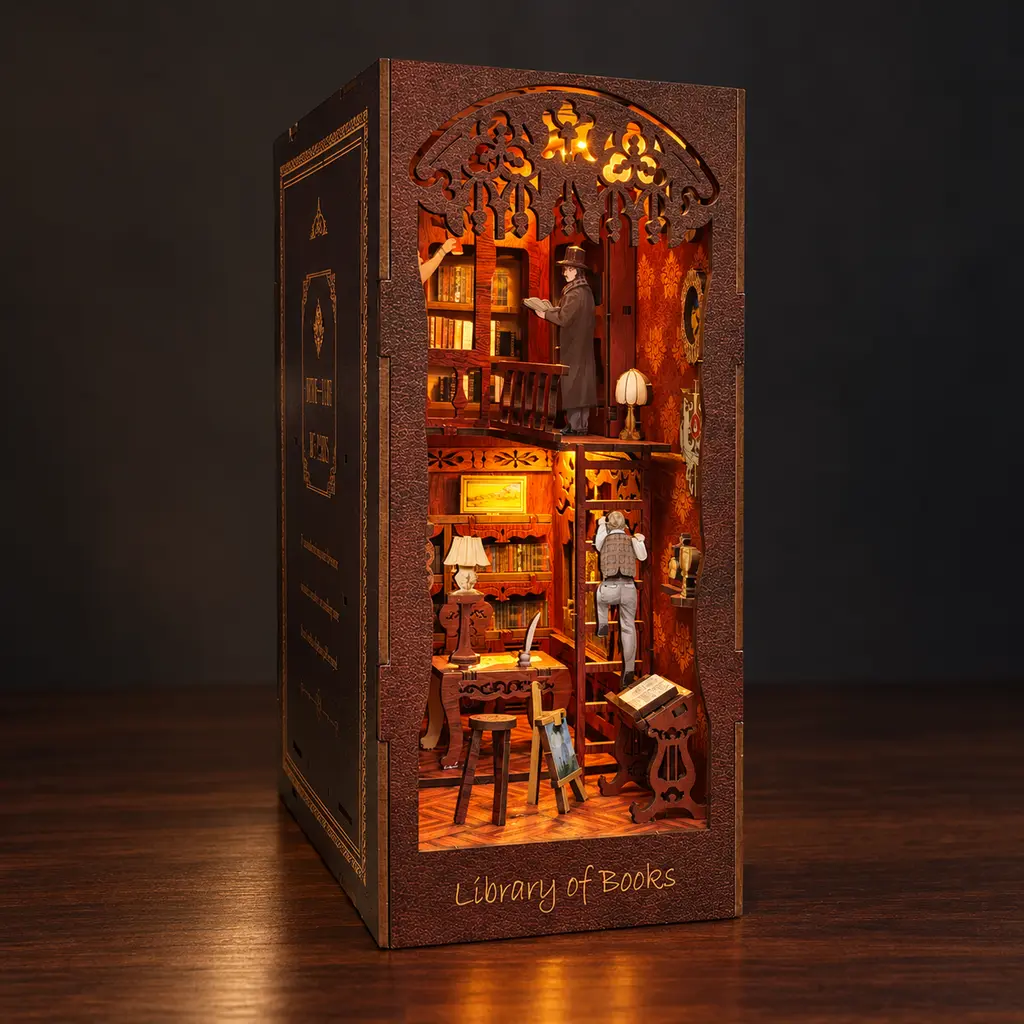 THAR Book Nook Solace Academy met warme LED-verlichting in de avond