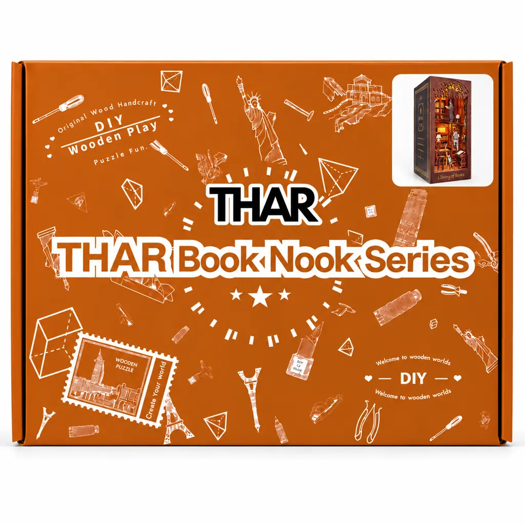 Verpakking van THAR Book Nook Solace Academy miniatuur bibliotheek