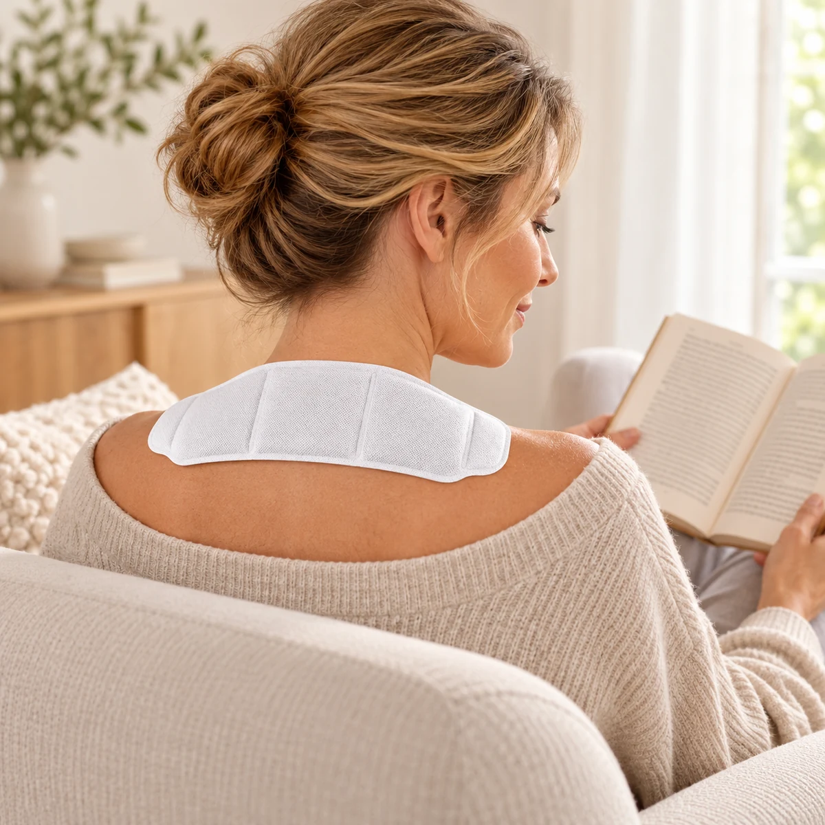 Vrouw leest thuis met een WUNDmed warmtepleister op haar schouders