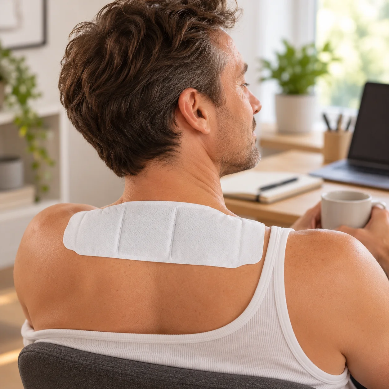 Man werkt thuis met een WUNDmed warmtepleister op zijn nek